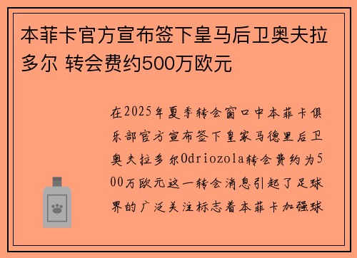 本菲卡官方宣布签下皇马后卫奥夫拉多尔 转会费约500万欧元