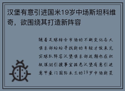 汉堡有意引进国米19岁中场斯坦科维奇，欲围绕其打造新阵容