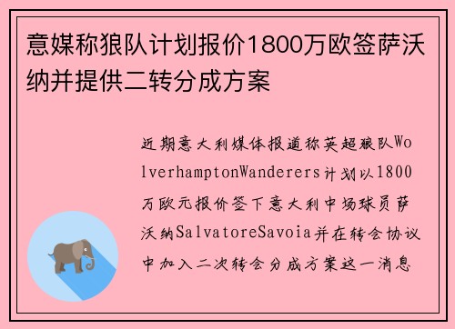 意媒称狼队计划报价1800万欧签萨沃纳并提供二转分成方案